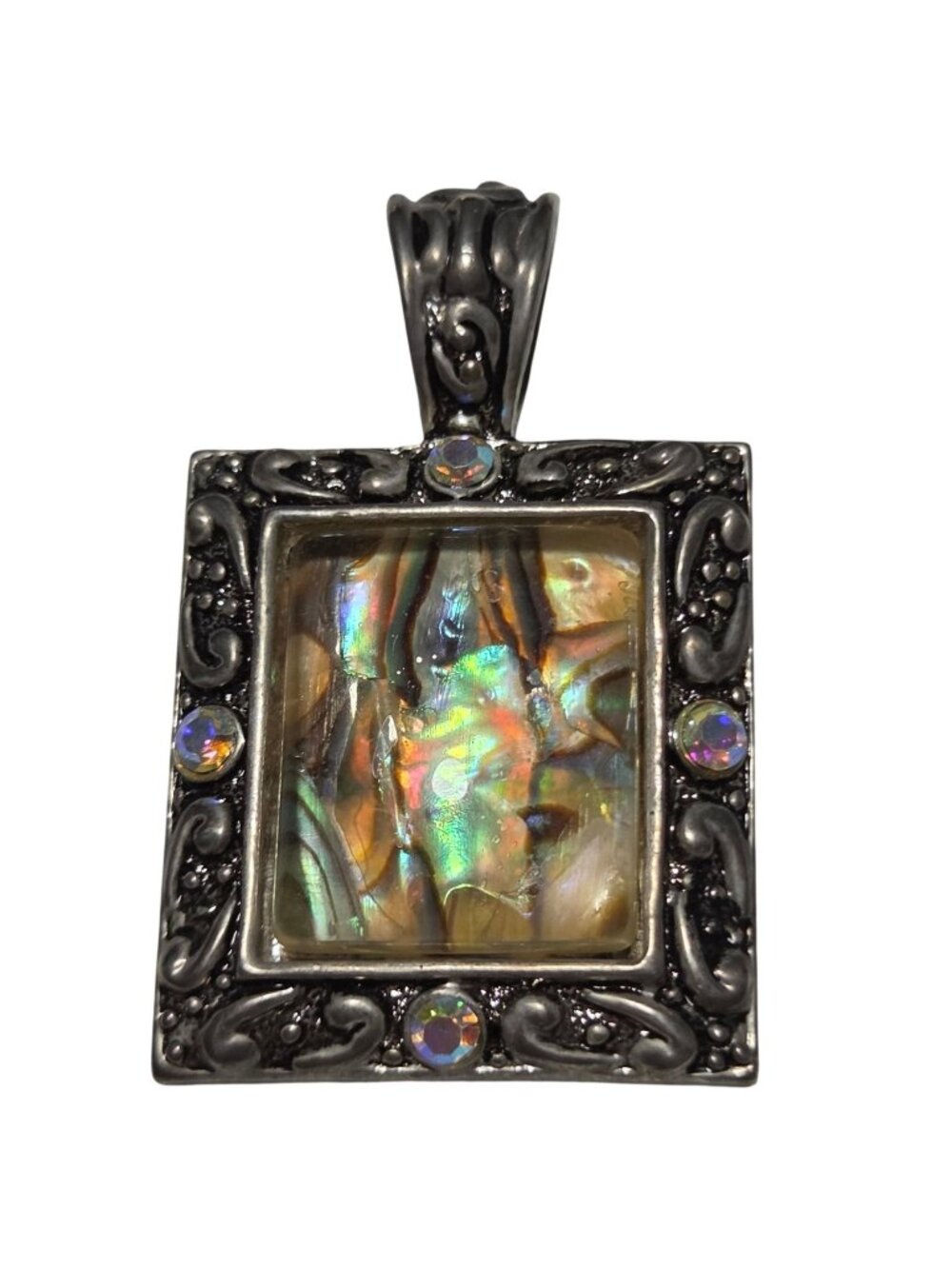 Abalone Shell Pendant Ornate Silver Frame Crystal Accents Rectangle Shape